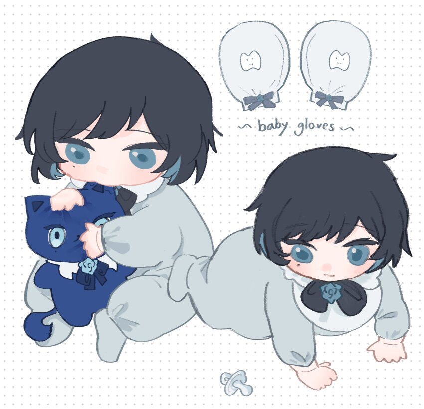 1girl, ado_(utaite), baby, black_bow, black_bowtie, black_hair, blue_eyes, blue_hair, bow, bowtie, chando_(ado), cloud_nine_inc, colored_inner_hair, commentary, full_body, highres, mole, mole_under_eye, multicolored_hair, multiple_views, pacifier, phossscinnn, short_hair, stuffed_animal, stuffed_cat, stuffed_toy, two-tone_hair, utaite