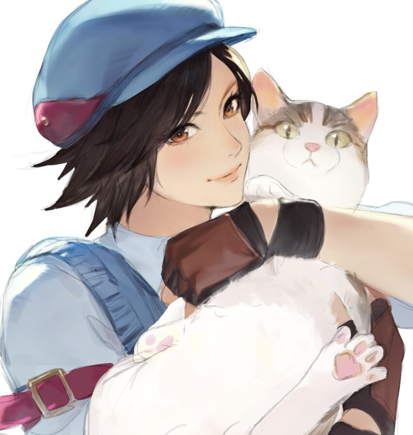 1girl, animal, blue_headwear, blue_sweater, brown_eyes, brown_gloves, brown_hair, cat, close-up, commentary_request, fingerless_gloves, gloves, highres, holding, holding_animal, holding_cat, kazama_asuka, pigpotato_talon, shirt, simple_background, slit_pupils, sweater, tekken, tekken_8, white_background, white_fur, white_shirt