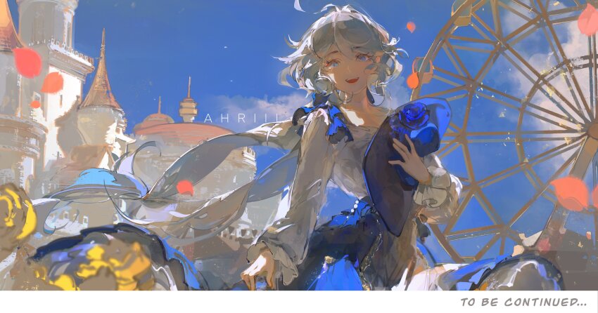 1girl, absurdres, ahoge, ahriii, alternate_costume, artist_name, blue_eyes, blue_hair