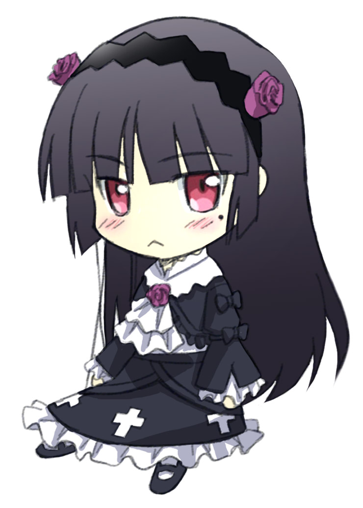 1girl, :<, black_hair, blunt_bangs, blush, chibi, female_focus, gokou_ruri