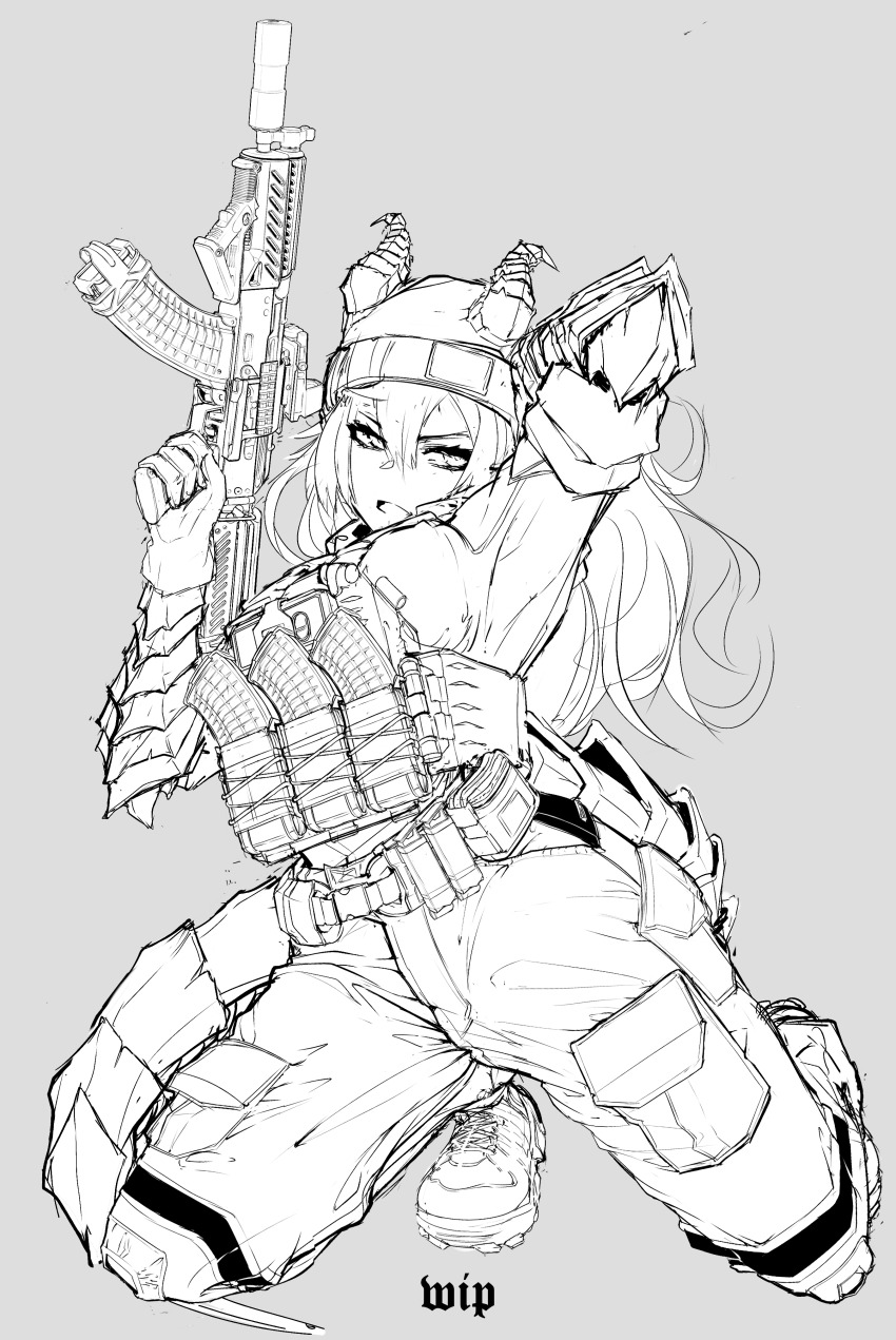 1girl, absurdres, ammunition_pouch, arm_up, assault_rifle, beanie, belt, body_armor