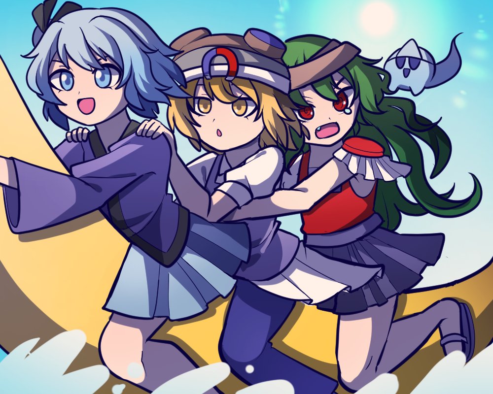 1jumangoku, 3others, :o, androgynous, armor, banana, bare_arms, bare_legs