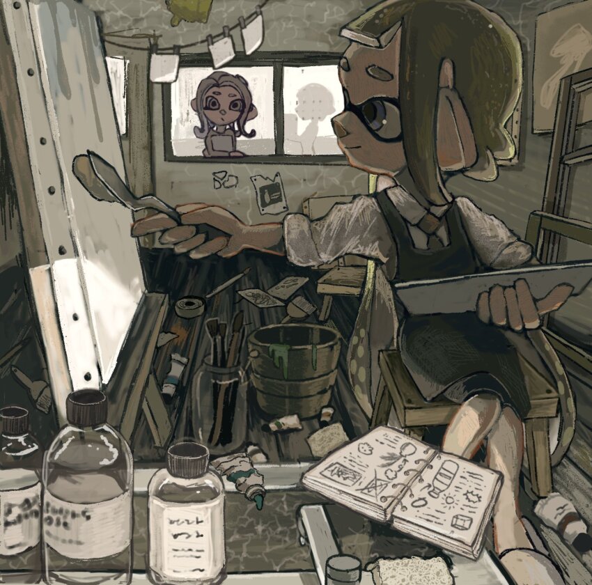 2girls, apron, black_apron, black_shorts, blue_eyes, book, bucket, canvas_(object), closed_mouth, collared_shirt, easel, green_hair, green_necktie, highres, holding, holding_paint_palette, ikura_tuna, inkling, inkling_girl, inkling_player_character, jar, long_hair, looking_inside, looking_to_the_side, multiple_girls, necktie, nintendo, octoling, octoling_girl, octoling_player_character, on_stool, open_book, paint_can, paint_palette, paint_tube, paintbrush, painting_(action), palette_knife, pointy_ears, shirt, shorts, sink, sitting, sleeves_rolled_up, slippers, smile, splatoon_(series), stool, tentacle_hair, white_footwear, white_shirt, window
