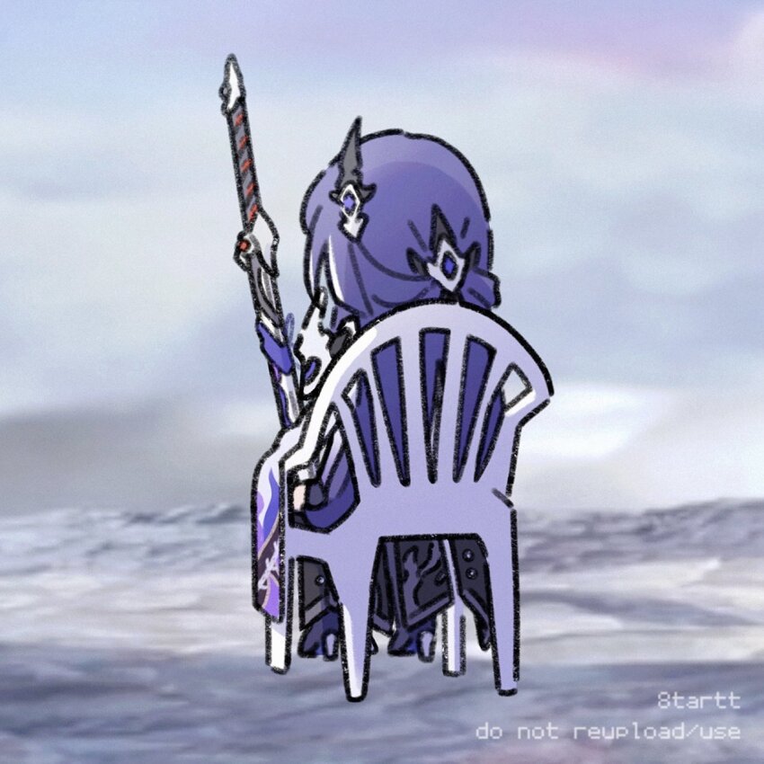 1girl, 8tartt, acheron_(honkai:_star_rail), chibi, commentary, devil_may_cry_(series), from_behind, hair_ornament, highres, honkai:_star_rail, honkai_(series), katana, meme, monobloc_(chair), purple_hair, sitting, solo, sword, vergil's_chair_(meme), weapon