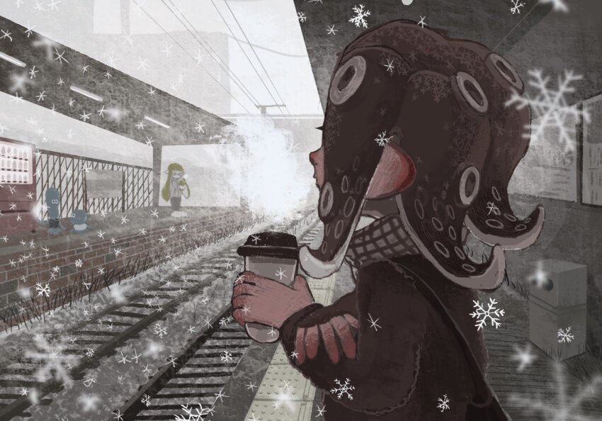 2girls, bag, breath, brown_hair, brown_jacket, brown_scarf, commentary_request, cup