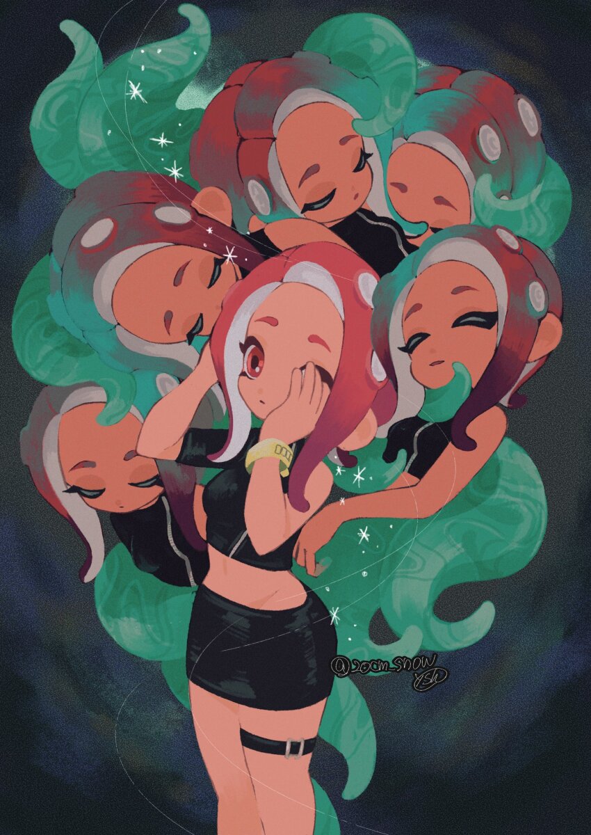 20cm_snow, 5girls, agent_8_(splatoon), aqua_hair, arm_behind_head, belt, black_belt, black_shirt, black_skirt, breasts, clone, closed_eyes, closed_mouth, commentary_request, cowboy_shot, crop_top, dark-skinned_female, dark_skin, hand_over_eye, highres, leg_belt, long_hair, midriff, multicolored_hair, multiple_girls, navel, nintendo, octoling, octoling_girl, octoling_player_character, one_eye_covered, parted_lips, pencil_skirt, red_eyes, red_hair, shirt, single_bare_shoulder, single_sleeve, skirt, slime_(substance), small_breasts, splatoon_(series), splatoon_2, splatoon_2:_octo_expansion, suction_cups, surreal, tentacle_hair, tentacles, twitter_username, two-tone_hair, wristband, zipper