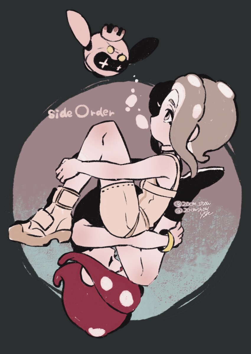 20cm_snow, 3girls, agent_8_(splatoon), artist_name, black_footwear, black_shirt, blowing_bubbles, bodysuit