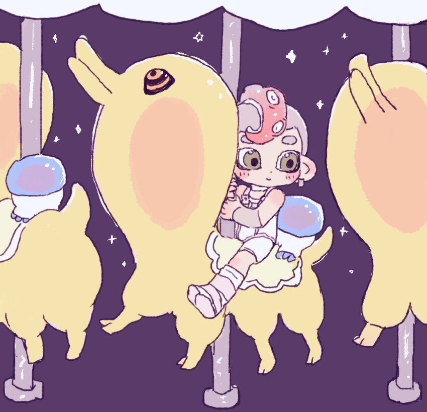 1boy, agent_8_(splatoon), bodysuit, boots, carousel, closed_mouth, commentary_request, green_eyes