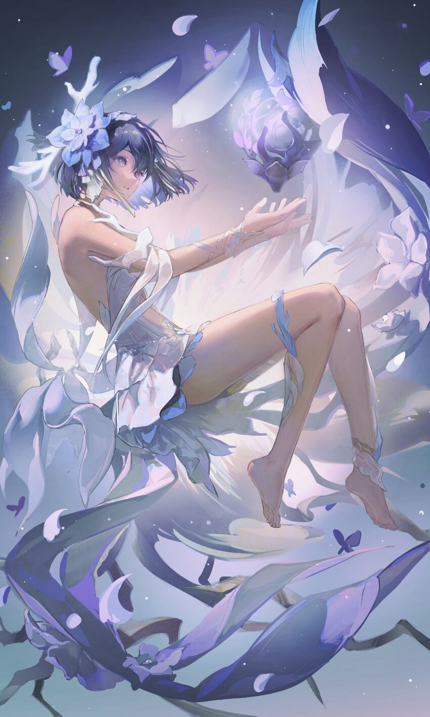 1girl, bare_legs, bare_shoulders, barefoot, black_hair, blue_eyes, blue_hair, bug