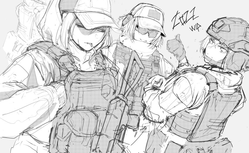 3girls, absurdres, ammunition_pouch, assault_rifle, baseball_cap, body_armor, braid, bulletproof_vest