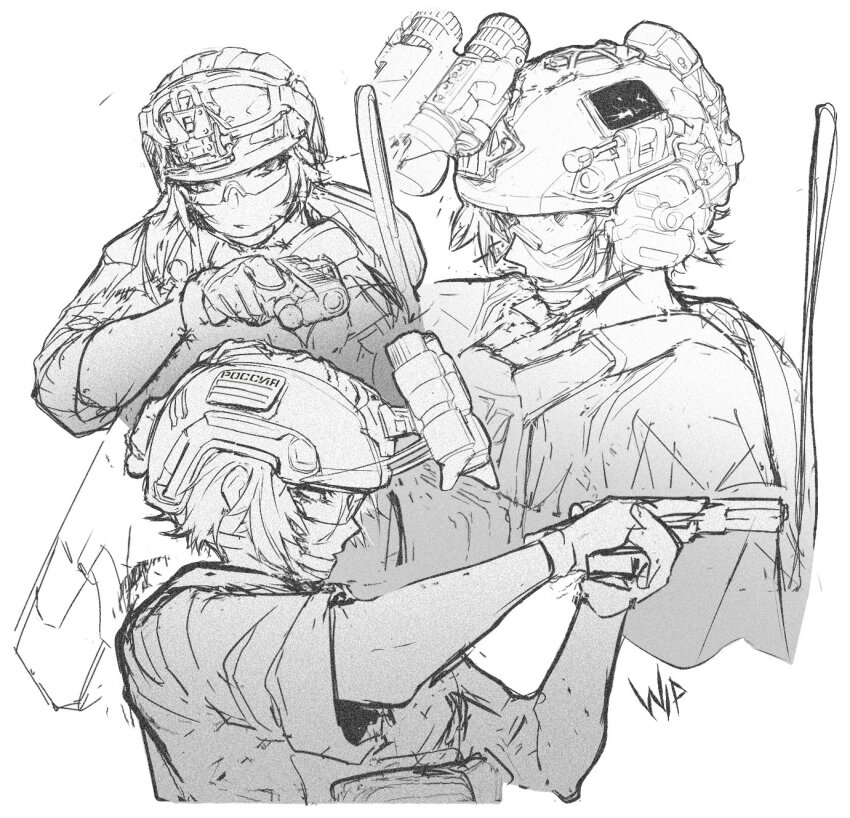 1girl, aiming, ammunition_pouch, bulletproof_vest, fakuxnxmy, gloves, greyscale, gun