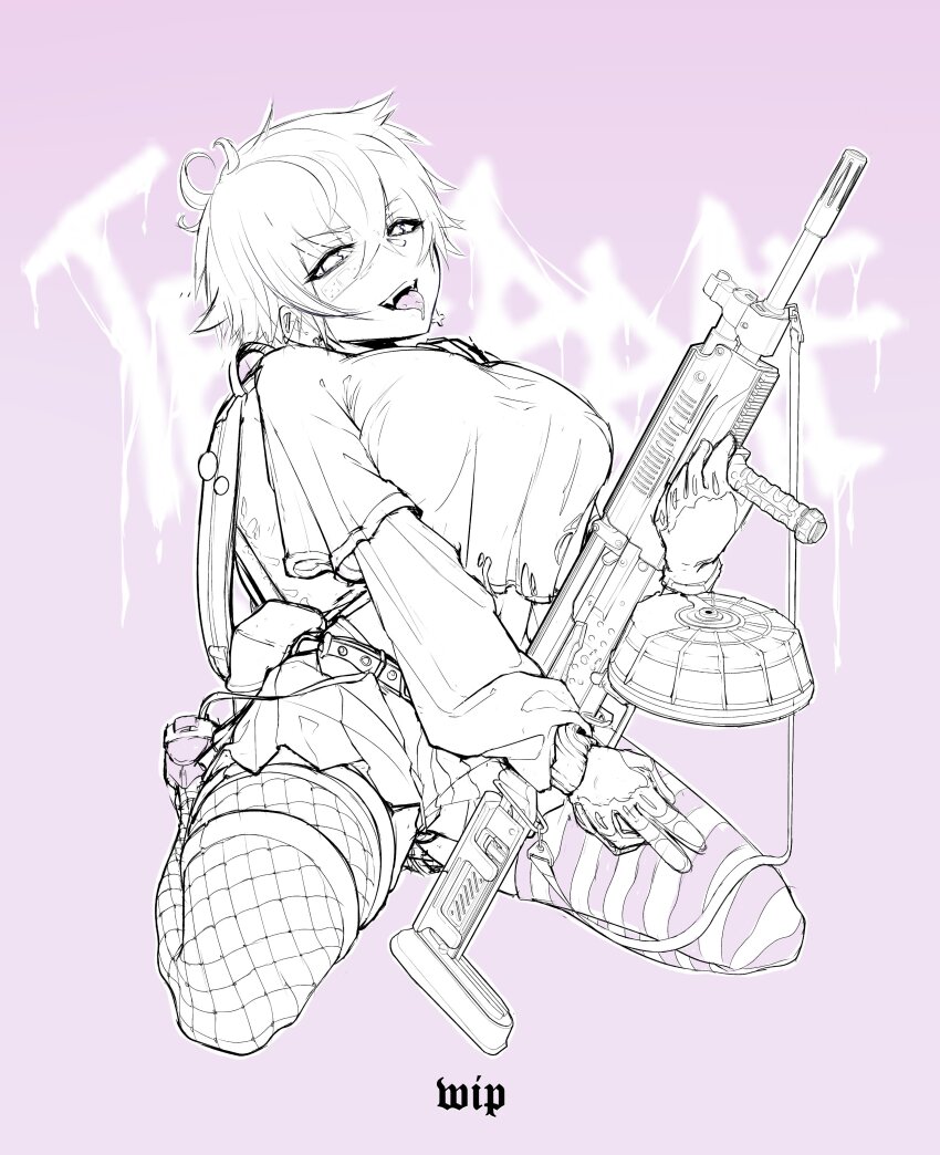 1girl, absurdres, assault_rifle, backpack, bag, bandaid, bandaid_on_face, belt, breasts, crop_top, crop_top_overhang, drum_magazine, fakuxnxmy, fang, fishnet_thighhighs, fishnets, foregrip, gloves, gun, highres, holding, holding_gun, holding_weapon, kalashnikov_rifle, large_breasts, layered_sleeves, light_machine_gun, long_sleeves, machine_gun, magazine_(weapon), messy_hair, navel, original, partially_colored, pleated_skirt, rifle, rpk-16, short_hair, short_over_long_sleeves, short_sleeves, skirt, solo_focus, striped_clothes, striped_thighhighs, tactical_clothes, thighhighs, tomboy, tongue, tongue_out, weapon