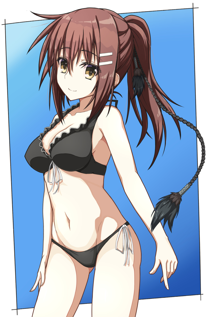 1girl, arms_at_sides, bare_arms, bare_shoulders, bikini, black_bikini, blue_background, border