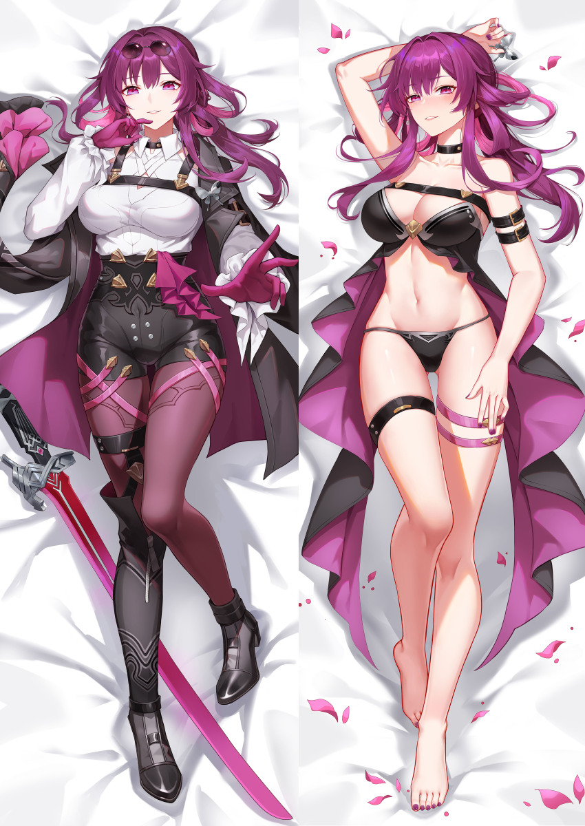 1girl, absurdres, arm_strap, bare_shoulders, bed_sheet, black_jacket, blush, breasts, choker, cleavage, collared_shirt, dakimakura_(medium), eyewear_on_head, full_body, gloves, hair_between_eyes, highres, honkai:_star_rail, honkai_(series), jacket, kafka_(honkai:_star_rail), libero_art, long_hair, long_sleeves, looking_at_viewer, looking_up, lying, medium_breasts, multiple_views, navel, on_back, panties, pantyhose, purple_eyes, purple_gloves, purple_hair, round_eyewear, shirt, shorts, smile, sunglasses, thigh_strap, thighs, underwear, white_shirt
