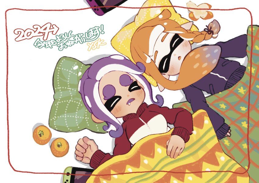 2024, 20cm_snow, 2girls, :o, blanket, blue_hair, blue_jacket, blush