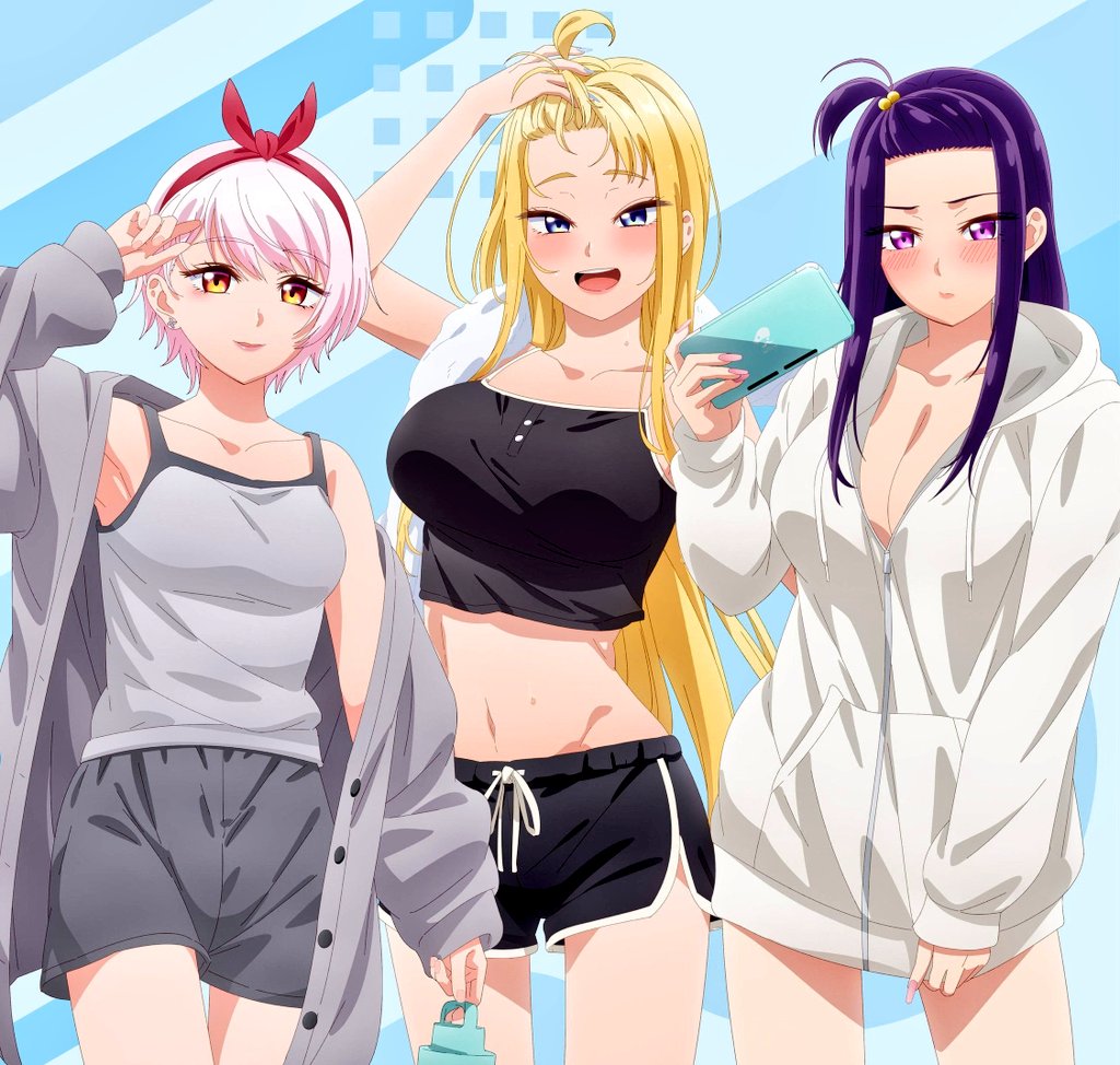 3girls, akino_sayuri, blonde_hair, blue_eyes, breasts, cleavage, dosanko_gal_wa_namaramenkoi, fuyuki_minami