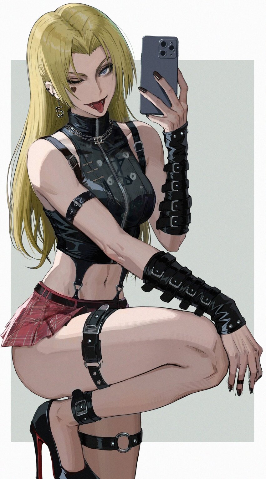 1girl, arm_belt, belt, black_belt, black_footwear, black_nails, black_shirt, blonde_hair, breasts, cellphone, chain, chain_necklace, crop_top, earrings, eyelashes, grey_eyes, high_heels, highres, holding, holding_phone, jewelry, jujutsu_kaisen, lee_kimsan, lips, long_hair, medium_breasts, midriff, navel, necklace, number_earrings, o-ring, o-ring_thigh_strap, one_eye_closed, phone, ring, selfie, shirt, sleeveless, sleeveless_shirt, smartphone, solo, thigh_belt, thigh_strap, tongue, tongue_out, tsukumo_yuki_(jujutsu_kaisen), turtleneck, zipper