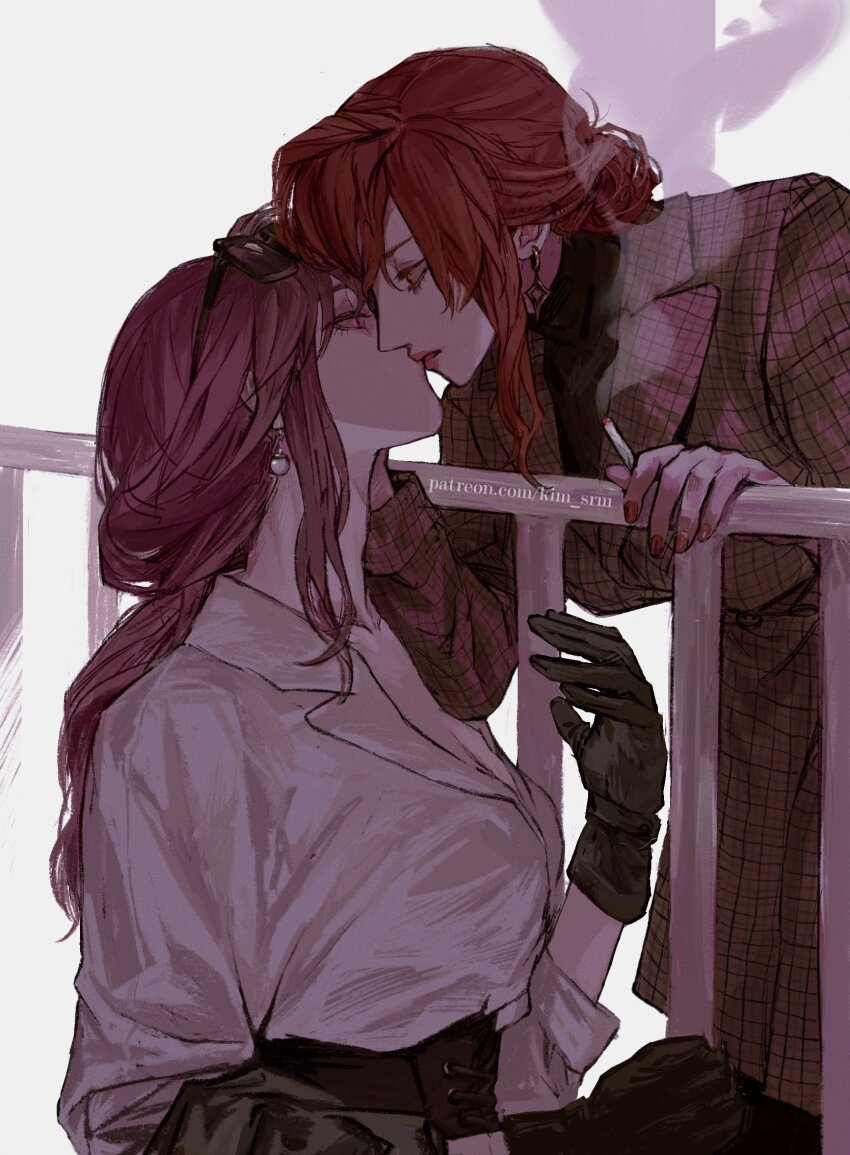 2girls, alternate_costume, alternate_hairstyle, black-framed_eyewear, black_gloves, black_shorts, black_sweater, breasts