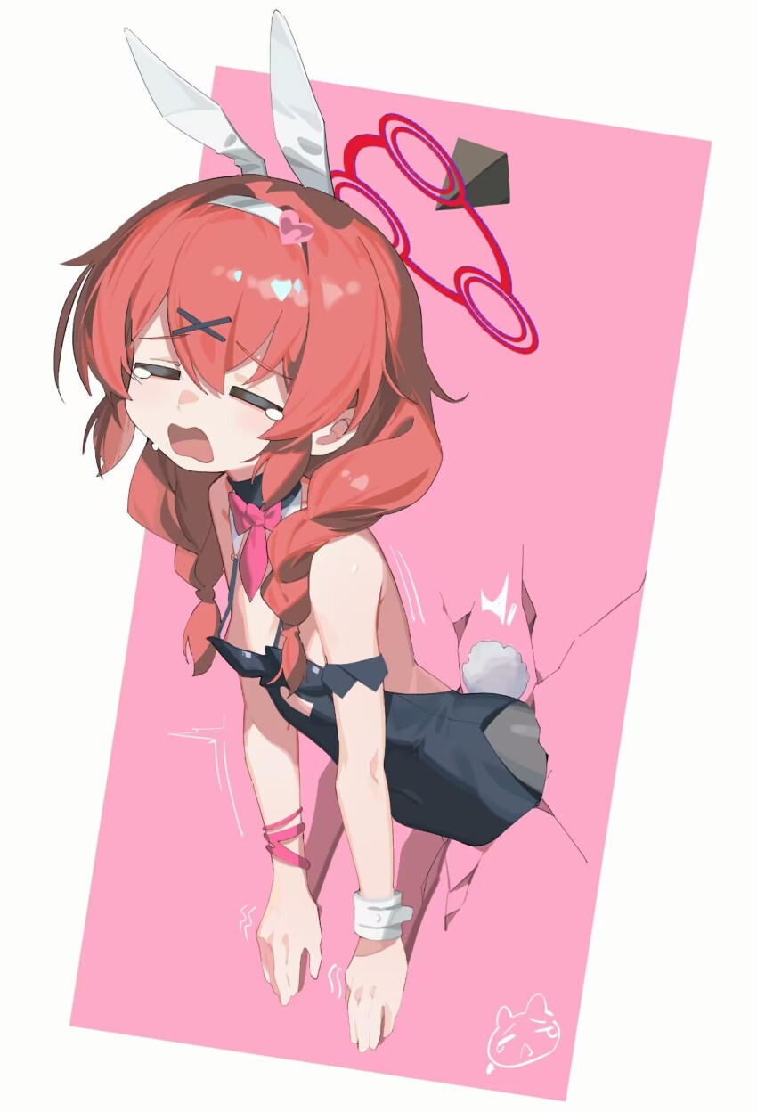 1girl, animal_ears, b_zhan_cm_yang, black_leotard, blue_archive, braid, breasts, closed_eyes