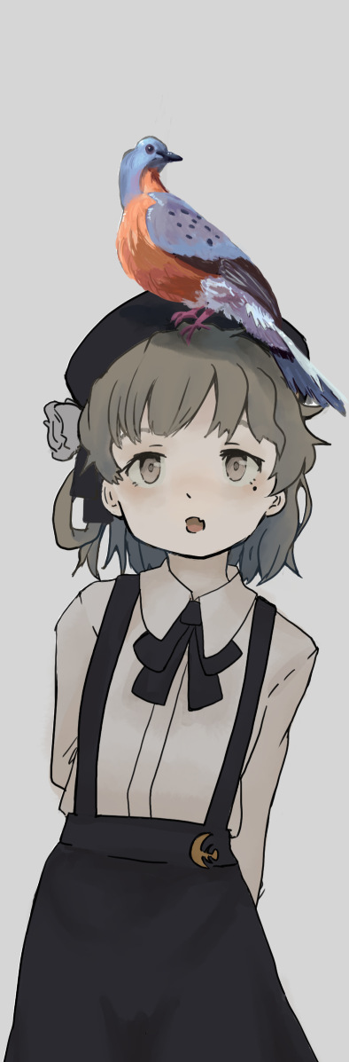 1girl, animal, animal_on_head, arms_behind_back, beret, bird, bird_on_head, black_hat