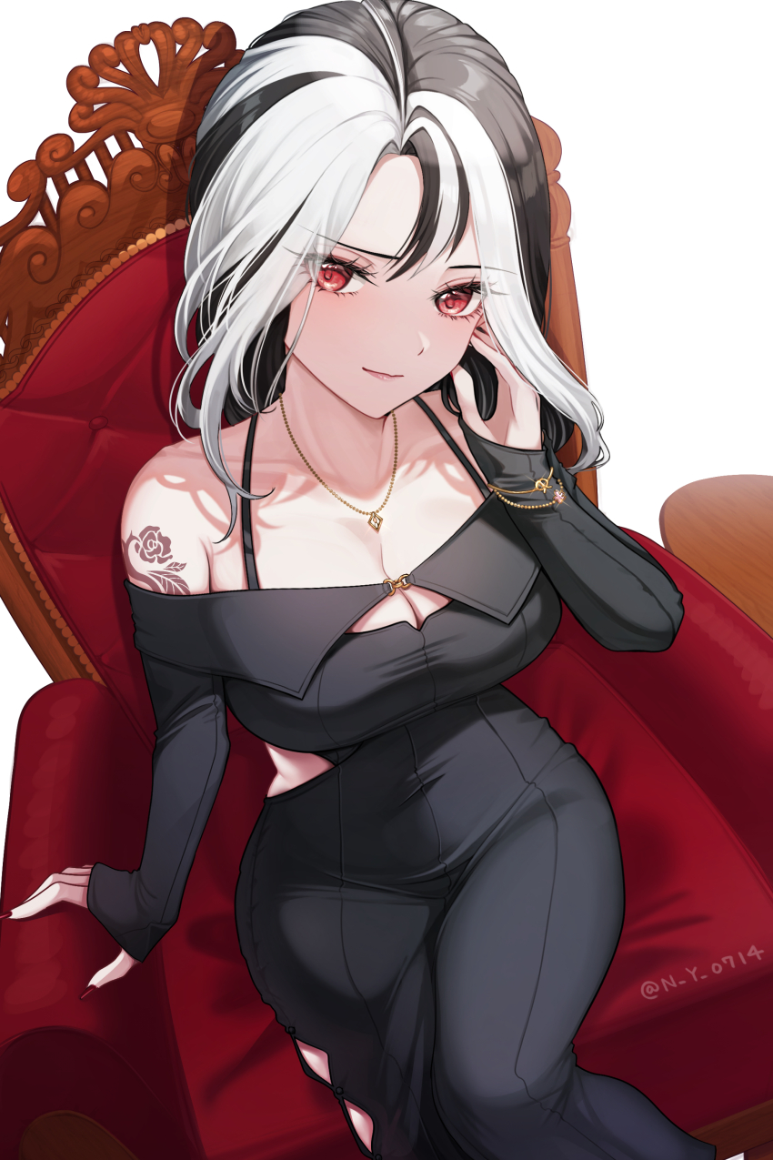 1girl, absurdres, arm_tattoo, bare_shoulders, black_dress, black_hair, breasts, chair