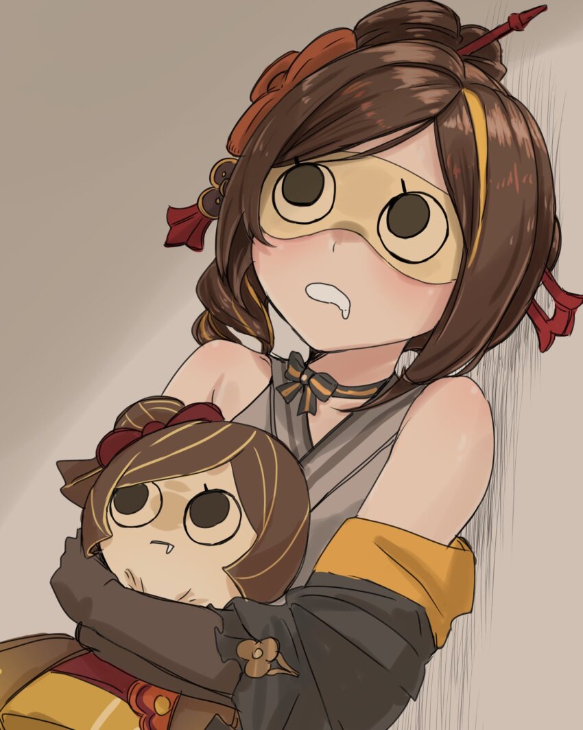 1girl, bare_shoulders, black_gloves, brown_hair, character_doll, chiori_(genshin_impact), commentary, doll