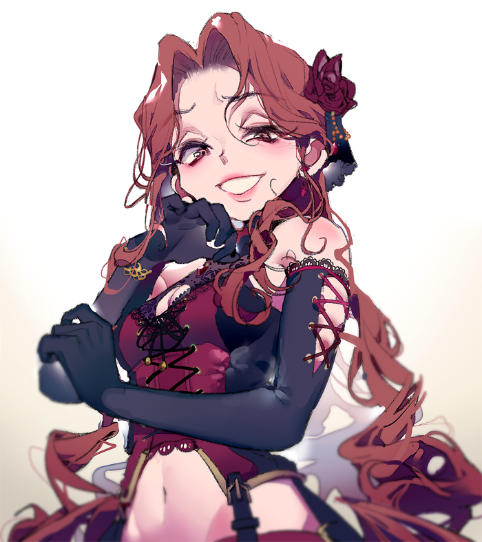 1girl, bare_shoulders, beads, black_gloves, black_ribbon, black_veil, breasts, brown_eyes, brown_hair, cleavage, cleavage_cutout, clothing_cutout, commentary_request, cowboy_shot, cross-laced_clothes, cross-laced_gloves, cross-laced_top, elbow_gloves, eyelashes, flower, furrowed_brow, gloves, gradient_background, grin, hair_beads, hair_flower, hair_ornament, hand_on_own_cheek, hand_on_own_elbow, hand_on_own_face, idolmaster, idolmaster_cinderella_girls, lace, lace-trimmed_cloak, lace-trimmed_shirt, lace-trimmed_veil, lace_trim, light_blush, lipstick, long_hair, looking_at_viewer, makeup, midriff, navel, pink_lips, red_flower, red_rose, red_shirt, ribbon, rose, shirt, shoulder_blades, simple_background, smile, solo, thick_eyebrows, veil, very_long_hair, vivinos, wavy_hair, white_background, zaizen_tokiko