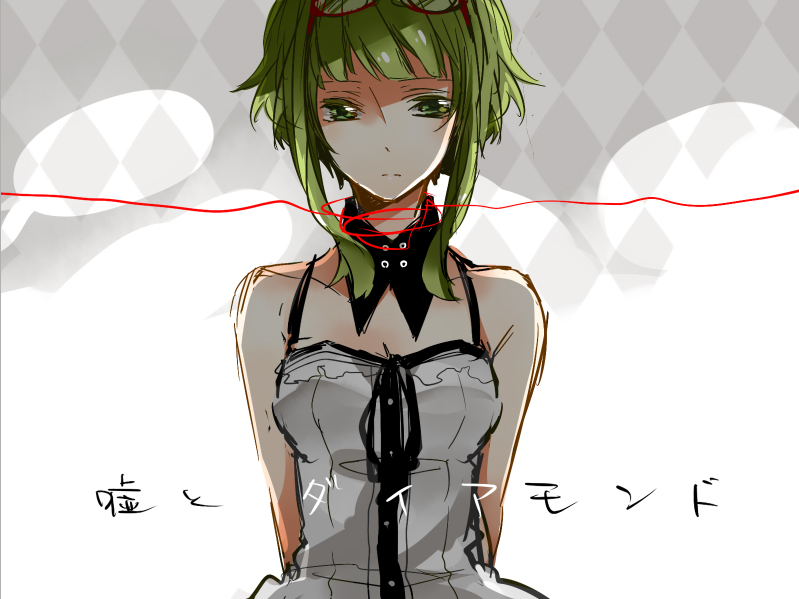 1girl, bad_id, bad_pixiv_id, bare_shoulders, breasts, cleavage, female_focus, green_eyes