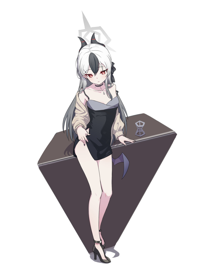 1girl, absurdres, black_dress, black_hair, black_horns, blue_archive, demon_horns, dress, full_body, grey_jacket, high_heels, highres, horns, jacket, kayoko_(blue_archive), kayoko_(dress)_(blue_archive), kulomi, long_hair, long_sleeves, multicolored_hair, official_alternate_costume, open_clothes, open_jacket, red_eyes, simple_background, solo, white_background, white_hair