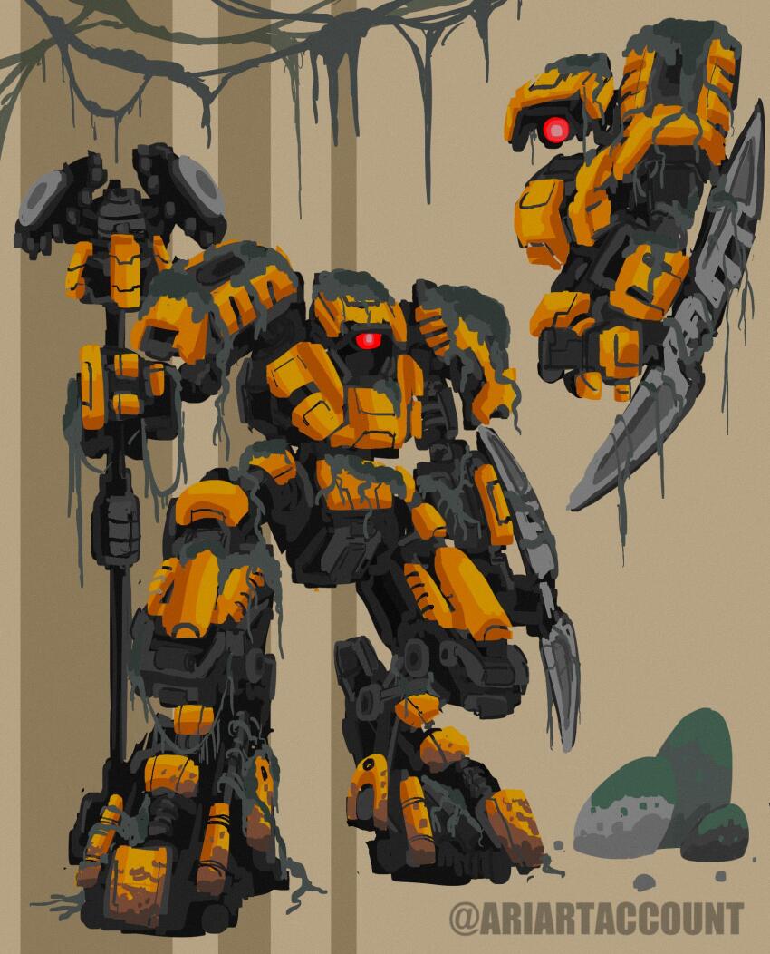 ariartaccount, bionicle, brown_background, highres, holding, holding_staff, keetongu_(bionicle), mecha, mecha_focus, mechanization, moss, multiple_views, no_humans, one-eyed, plant, red_eyes, robot, rock, staff, the_lego_group, twitter_username, vines