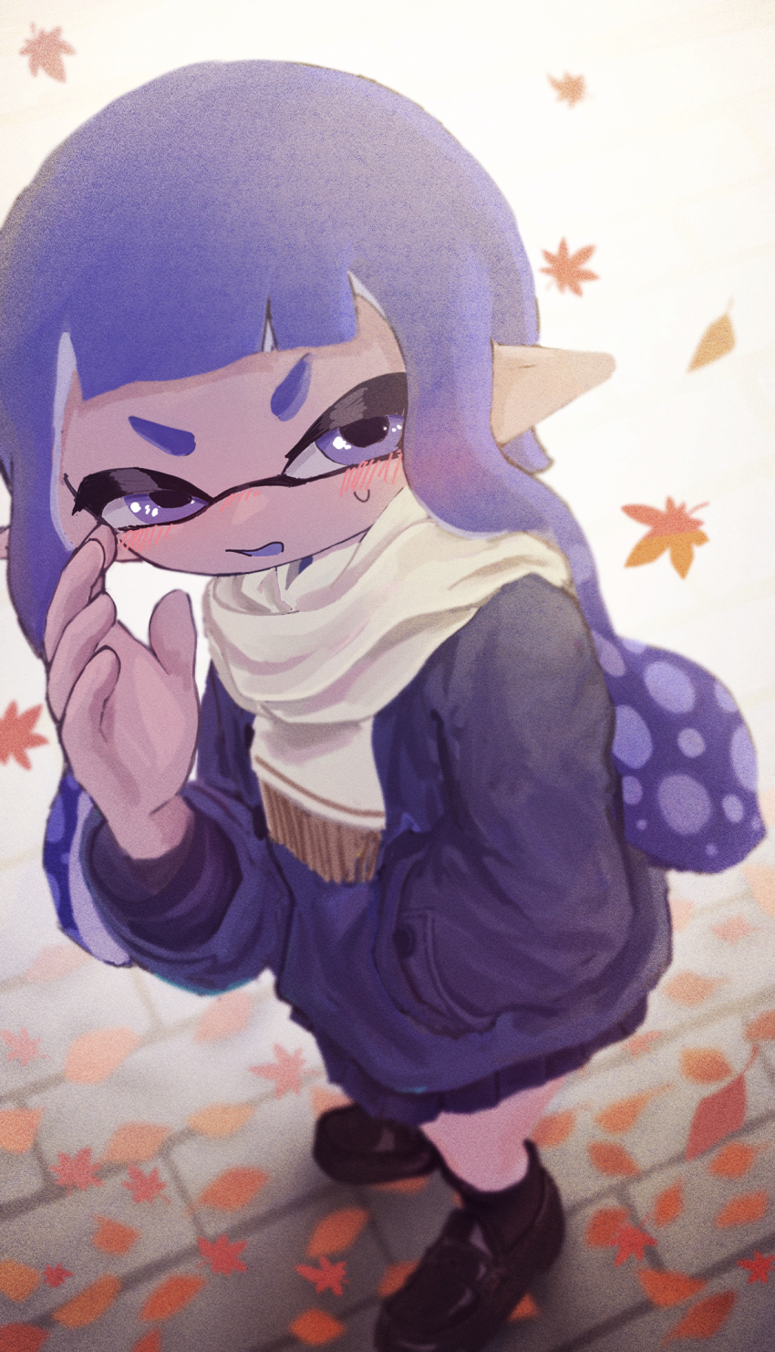 1girl, ankle_socks, arm_up, autumn, autumn_leaves, black_shoes, black_socks, blue_eyes, blue_hair, blue_jacket, blue_skirt, blush, commentary_request, embarrassed, falling_leaves, full_body, hand_in_pocket, highres, inkling, inkling_girl, inkling_player_character, jacket, leaf, loafers, long_hair, maple_albus, nintendo, no_nose, open_mouth, pleated_skirt, pointy_ears, scarf, shoes, skirt, socks, solo, splatoon_(series), sweatdrop, tentacle_hair, twintails, white_scarf