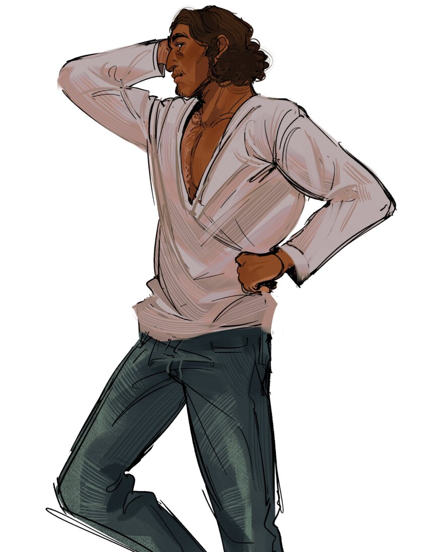 1boy, alternate_skin_color, aokiji_(one_piece), bara, black_hair, curly_hair, dark-skinned_male, dark_skin