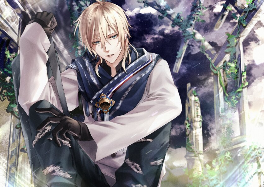 1boy, alkaid_mcgrath, alkaid_mcgrath_(morning_mist), bag, black_gloves, black_pants, black_shirt, blonde_hair, blue_scarf, broken_pillar, brooch, cloud, duffel_bag, expressionless, feet_out_of_frame, gloves, green_eyes, grey_gloves, hair_between_eyes, hand_up, highres, holding, holding_bag, iritani_ryouya, jewelry, knees_up, long_sleeves, looking_at_viewer, lovebrush_chronicles, male_focus, medium_hair, night, overgrown, pants, parted_lips, paw_print, pillar, plant, ruins, scarf, shirt, sideways_glance, sitting, sky, solo, star_(sky), starry_sky, sweater, tassel, torn_clothes, torn_pants, two-tone_gloves, vines, white_sweater