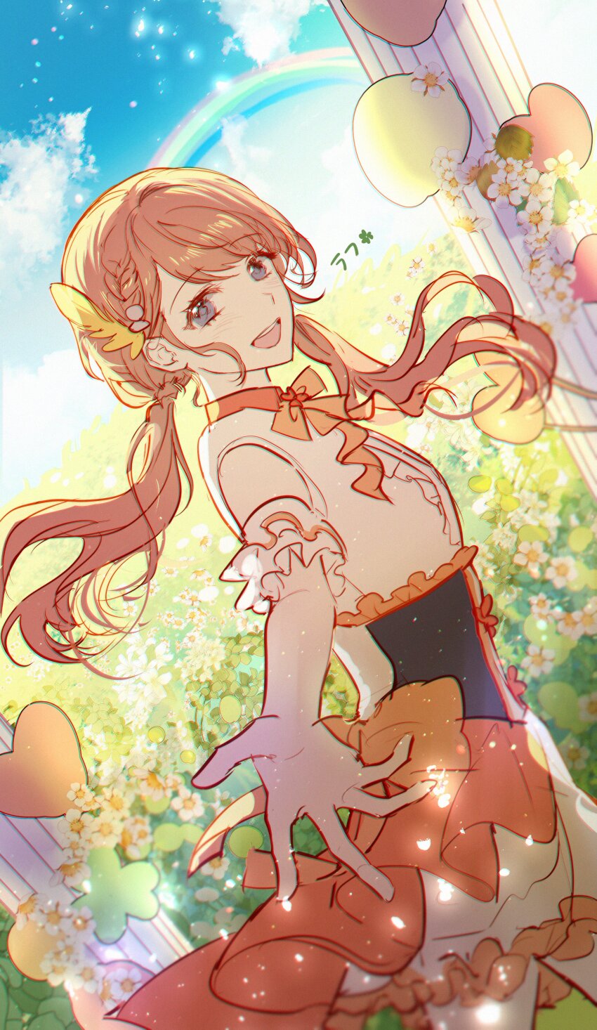 1girl, absurdres, armband, back_bow, backlighting, balloon, black_corset, blue_sky