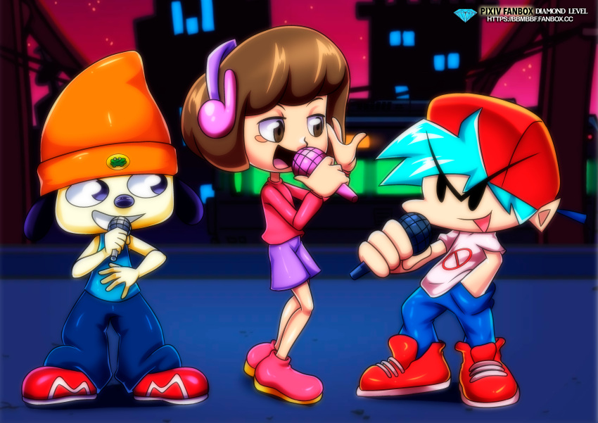 1other, 2boys, animal, backwards_hat, baseball_cap, beanie, blue_eyes, blue_hair, blue_pants, blue_shirt, blush, boyfriend_(friday_night_funkin'), brown_eyes, brown_hair, brown_pupils, crossover, denim, dog, friday_night_funkin', genre_connection, hand_in_pocket, hat, headphones, holding, holding_microphone, jeans, long_sleeves, melodii, microphone, multiple_boys, musical_note, no_symbol, open_mouth, orange_hat, palcomix, pants, parappa, parappa_the_rapper, pink_shirt, purple_shorts, red_footwear, red_hat, red_shirt, scratchin'_melodii, shirt, shoes, short_sleeves, shorts, sleeveless, sleeveless_shirt, smile, sneakers, standing, trait_connection, white_shirt