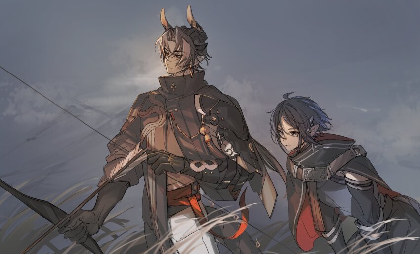 2boys, absurdres, ahoge, arknights, armor, arrow_(projectile), black_cape, black_hair