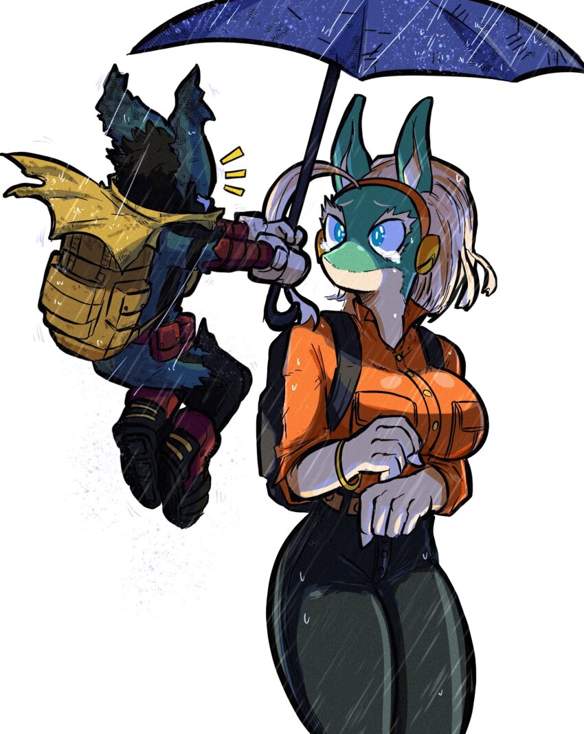 1boy, 1girl, animal_ears, backpack, bag, belt, belt_pouch, black_hair