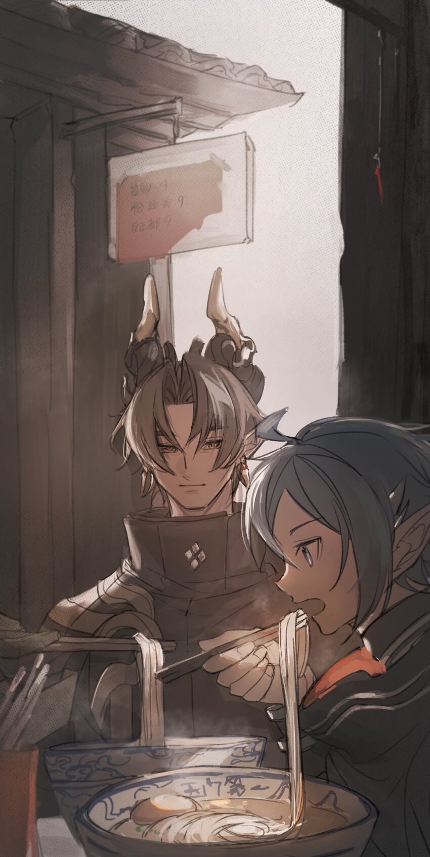 2boys, absurdres, ahoge, arknights, black_cape, bowl, brown_coat, brown_hair, cape, chinese_commentary, chongyue_(arknights), chopsticks, closed_mouth, coat, commentary_request, dragon_boy, dragon_horns, earrings, eating, fingernails, food, grey_eyes, grey_hair, hand_up, high_collar, highres, holding, holding_chopsticks, horns, htt1821, indoors, jewelry, light_smile, long_sleeves, looking_at_another, looking_at_food, looking_down, male_focus, multiple_boys, noodles, open_mouth, orange_eyes, pointy_ears, profile, ramen, short_hair, zuo_le_(arknights)