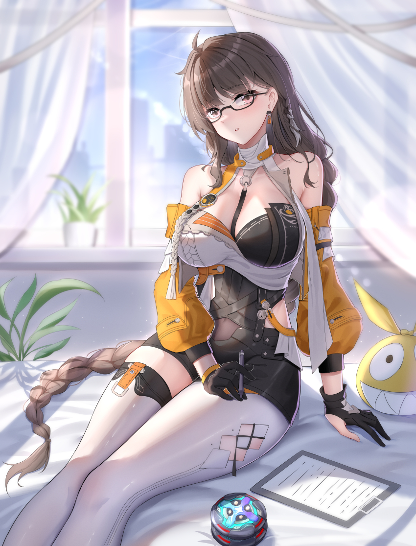 1girl, absurdres, bare_shoulders, black-framed_eyewear, black_gloves, braid, breasts, brown_eyes