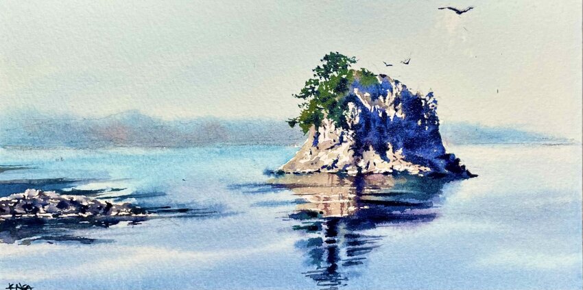 animal, bird, blue_sky, cliff, highres, horizon, island, no_humans, ocean, original, painting_(medium), reflection, reflective_liquid, shibakaka, sky, traditional_media, tree, water, watercolor_(medium)
