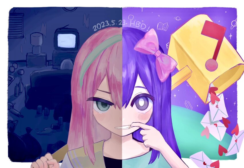 2girls, aqua_eyes, aqua_hairband, aqua_shirt, aubrey_(faraway)_(omori), aubrey_(headspace)_(omori), aubrey_(omori), black_shirt, blush, border, bottle, bow, bright_pupils, clenched_teeth, couch, dated, dual_persona, envelope, finger_in_own_mouth, hair_between_eyes, hair_bow, hairband, happy_birthday, heart, highres, holding, indoors, jacket, long_hair, looking_at_viewer, mailbox_(incoming_mail), multiple_girls, night, ninini_(happy_goody115), omori, open_clothes, open_jacket, outdoors, pink_bow, pink_hair, purple_eyes, purple_hair, purple_sky, sailor_collar, shirt, sky, split_theme, straight-on, tearing_up, teeth, television, trash_bag, white_border, white_jacket, white_pupils, wine_bottle, yellow_sailor_collar