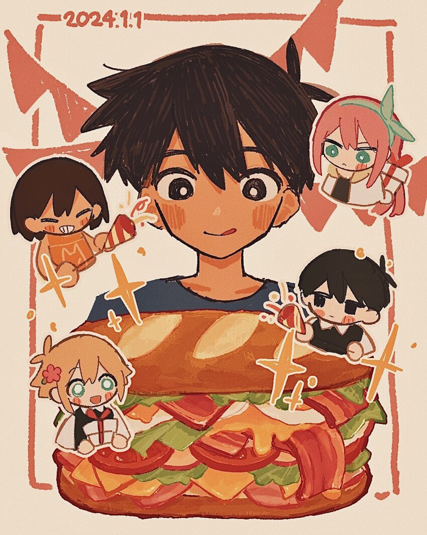 1girl, 4boys, antenna_hair, aqua_hairband, aubrey_(faraway)_(omori), aubrey_(omori), bacon, bare_arms