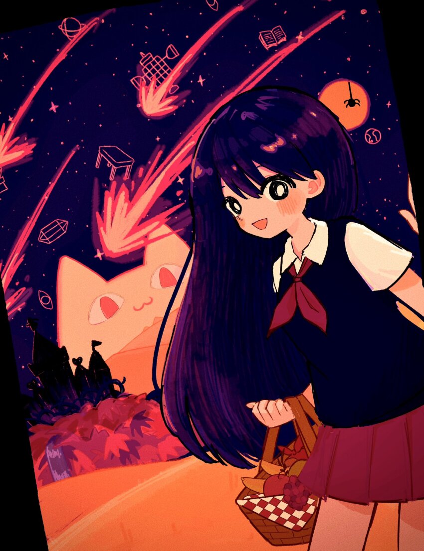 1girl, apple, banana, big_yellow_cat_(omori), black_eyes, black_sweater_vest, blush, bright_pupils