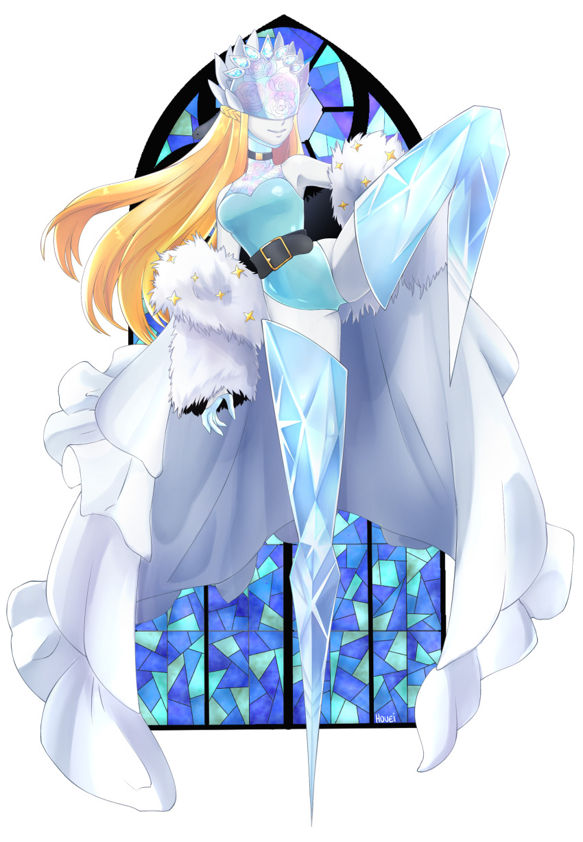 1girl, absurdres, armor, belt, blue_leotard, breasts, cendrillmon, curvy, digimon, digimon_(creature), digimon_liberator, female_focus, highleg, highleg_leotard, highres, houei, leotard, long_hair, mask, smile, solo, standing, standing_on_one_leg, transparent_background, very_long_hair, wide_hips