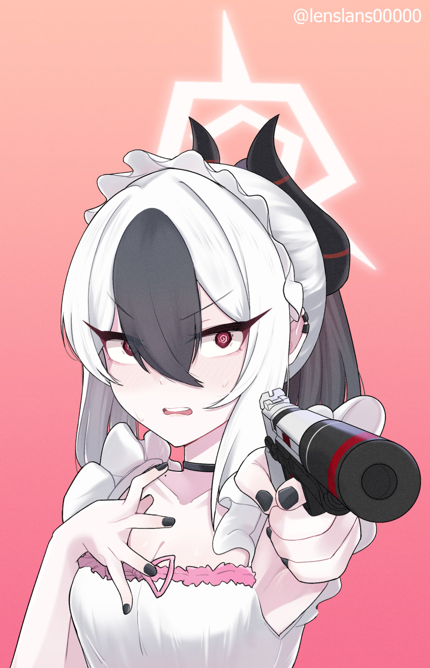 1girl, @_@, absurdres, aiming, aiming_at_viewer, armpits, black_choker, black_eyeliner