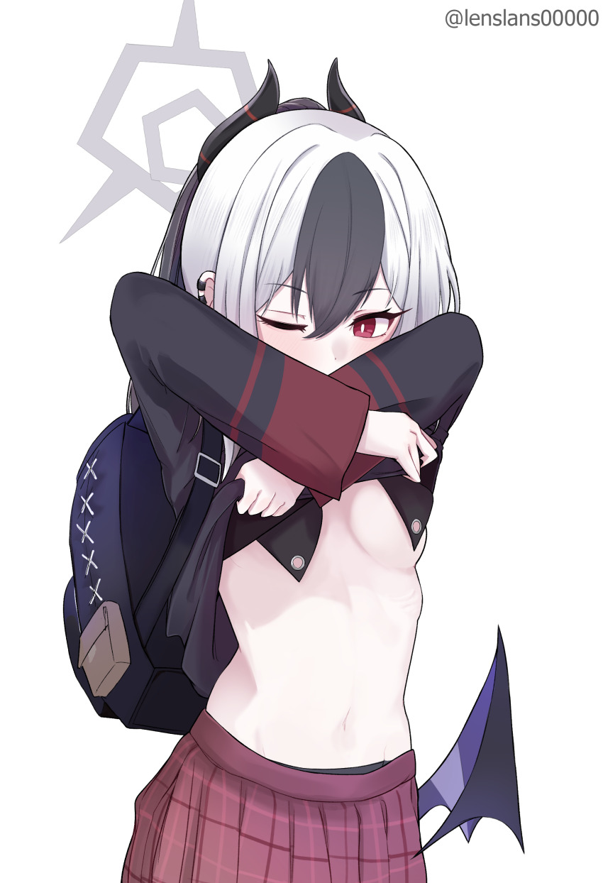 1girl, absurdres, backpack, bag, black_hair, black_hoodie, black_horns, blue_archive, bright_pupils, clothes_lift, demon_horns, demon_wings, ear_piercing, earclip, grey_halo, hair_between_eyes, halo, highres, hood, hoodie, horns, kayoko_(blue_archive), lenslans, long_hair, long_sleeves, looking_at_viewer, multicolored_hair, no_bra, one_eye_closed, piercing, plaid_clothes, plaid_skirt, pleated_skirt, red_eyes, red_skirt, shirt_lift, simple_background, single_wing, skirt, solo, two-tone_hair, white_background, white_hair, white_pupils, wings