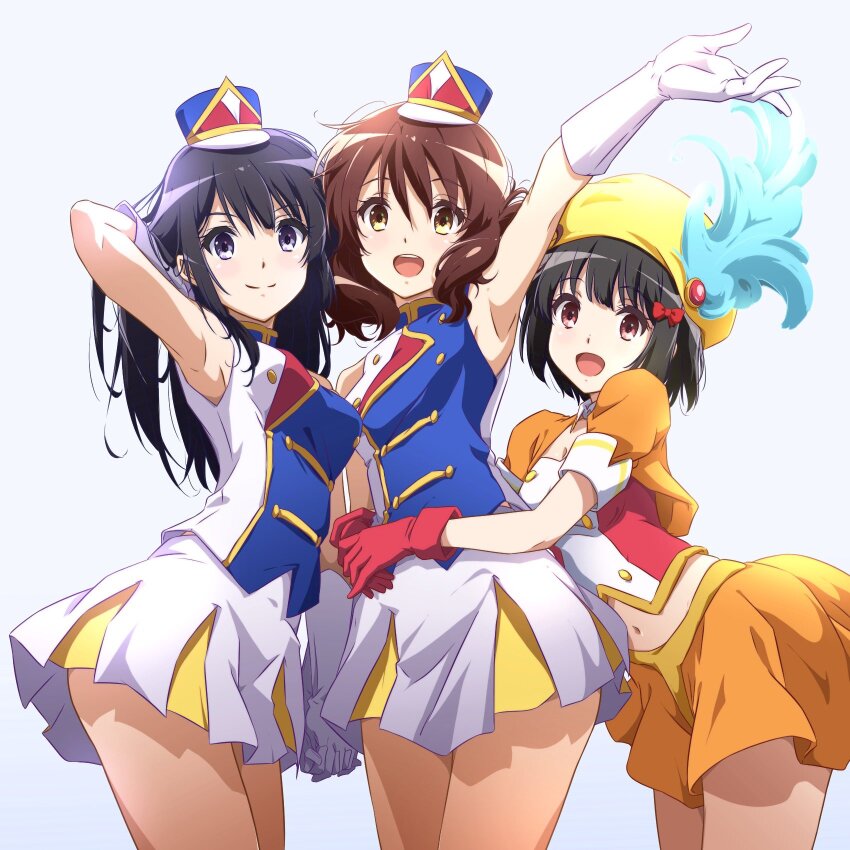 3girls, band_uniform, black_hair, blue_shirt, brown_eyes, brown_hair, buttons, cowboy_shot