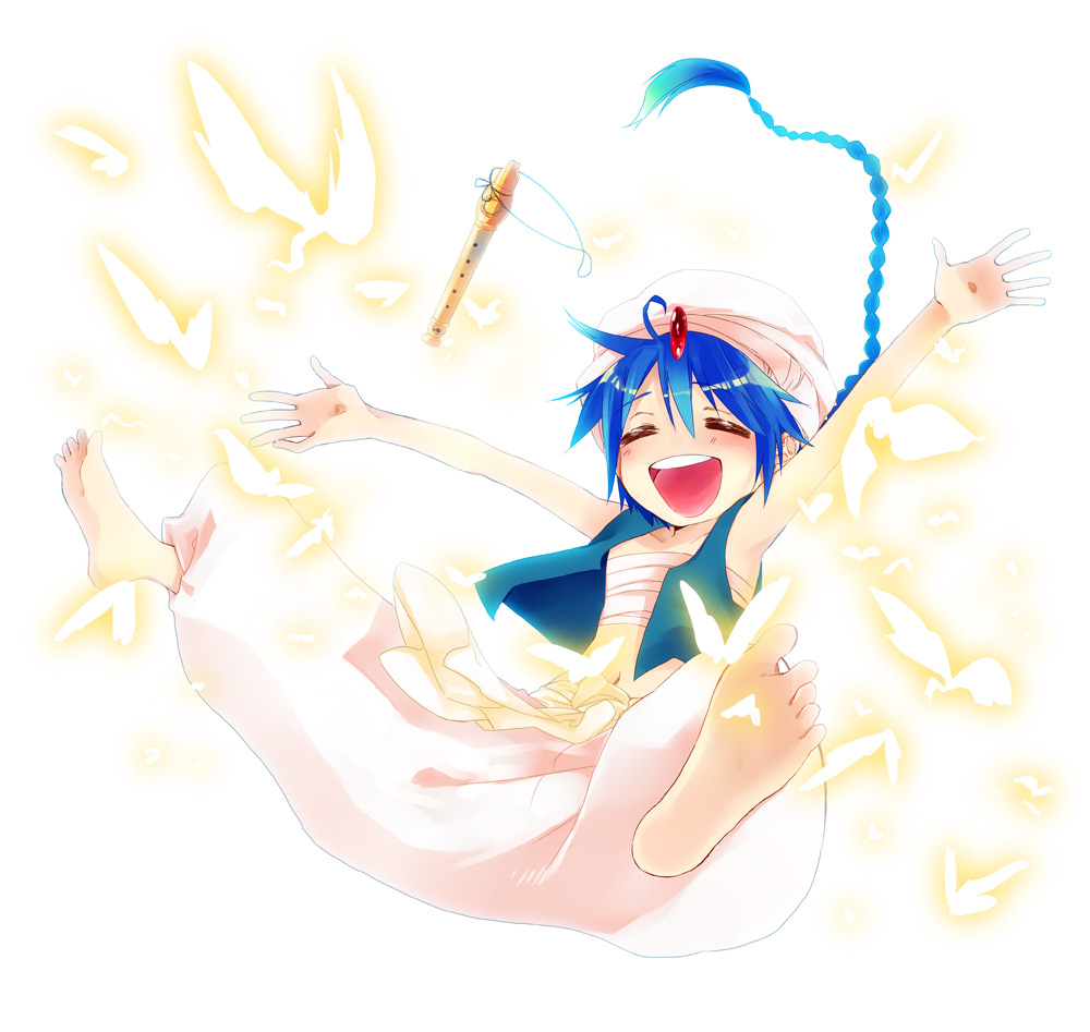 1boy, :d, \o/, aladdin_(magi), arabian_clothes, arms_up, baggy_pants, bandaged_chest