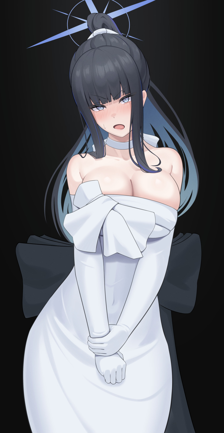 1girl, absurdres, bare_shoulders, black_hair, blue_archive, blue_eyes, blue_hair, blush