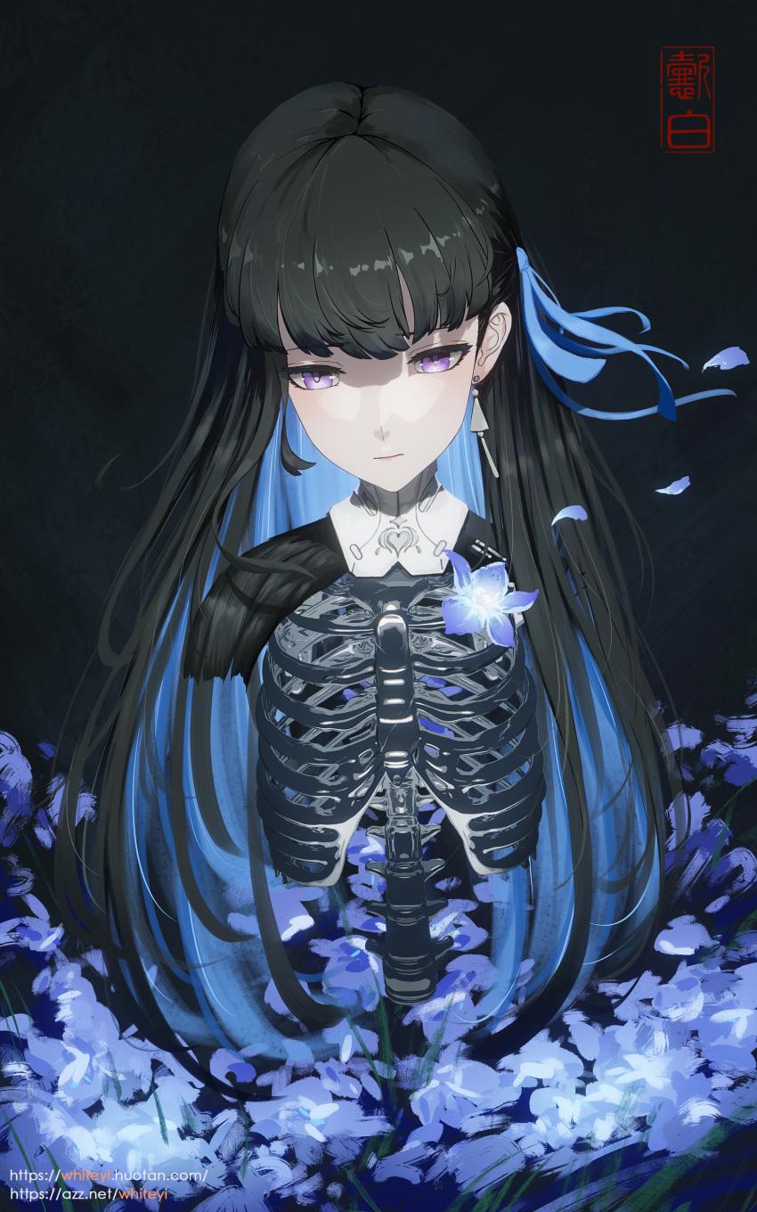1girl, absurdres, artist_logo, black_hair, blue_hair, blue_ribbon, colored_inner_hair, earrings, hair_ribbon, highres, jewelry, logo, long_hair, multicolored_hair, punishing:_gray_raven, purple_eyes, ribbon, ribs, selena:_tempest_(pgr), selena_(pgr), single_earring, skeleton, solo, triangle_earrings, yibai